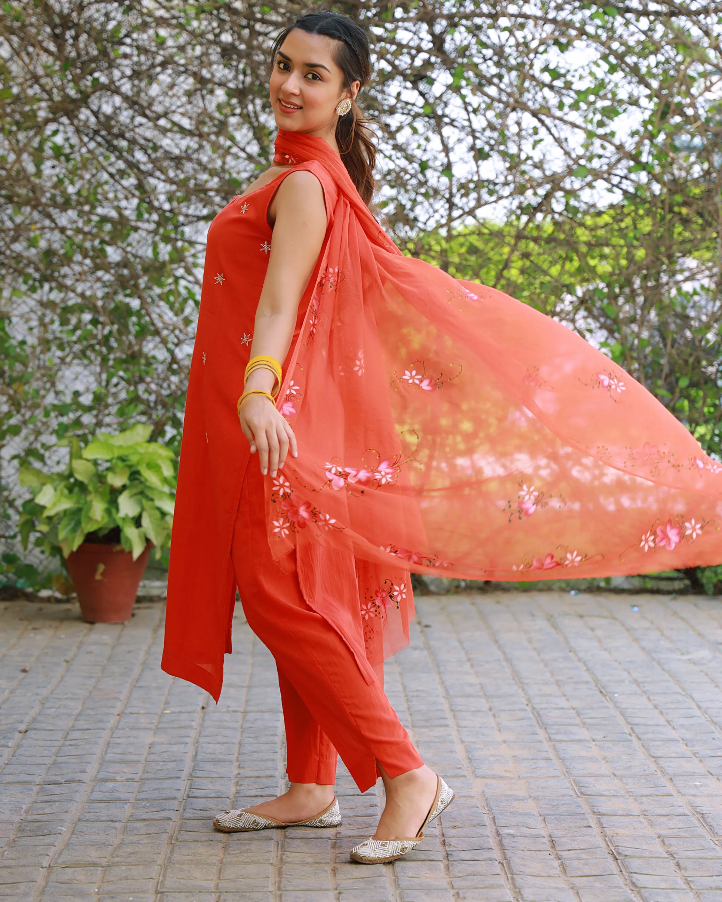 Heer Orange Hand Embroidered Silk Kurta Pant with Hand Painted Dupatta