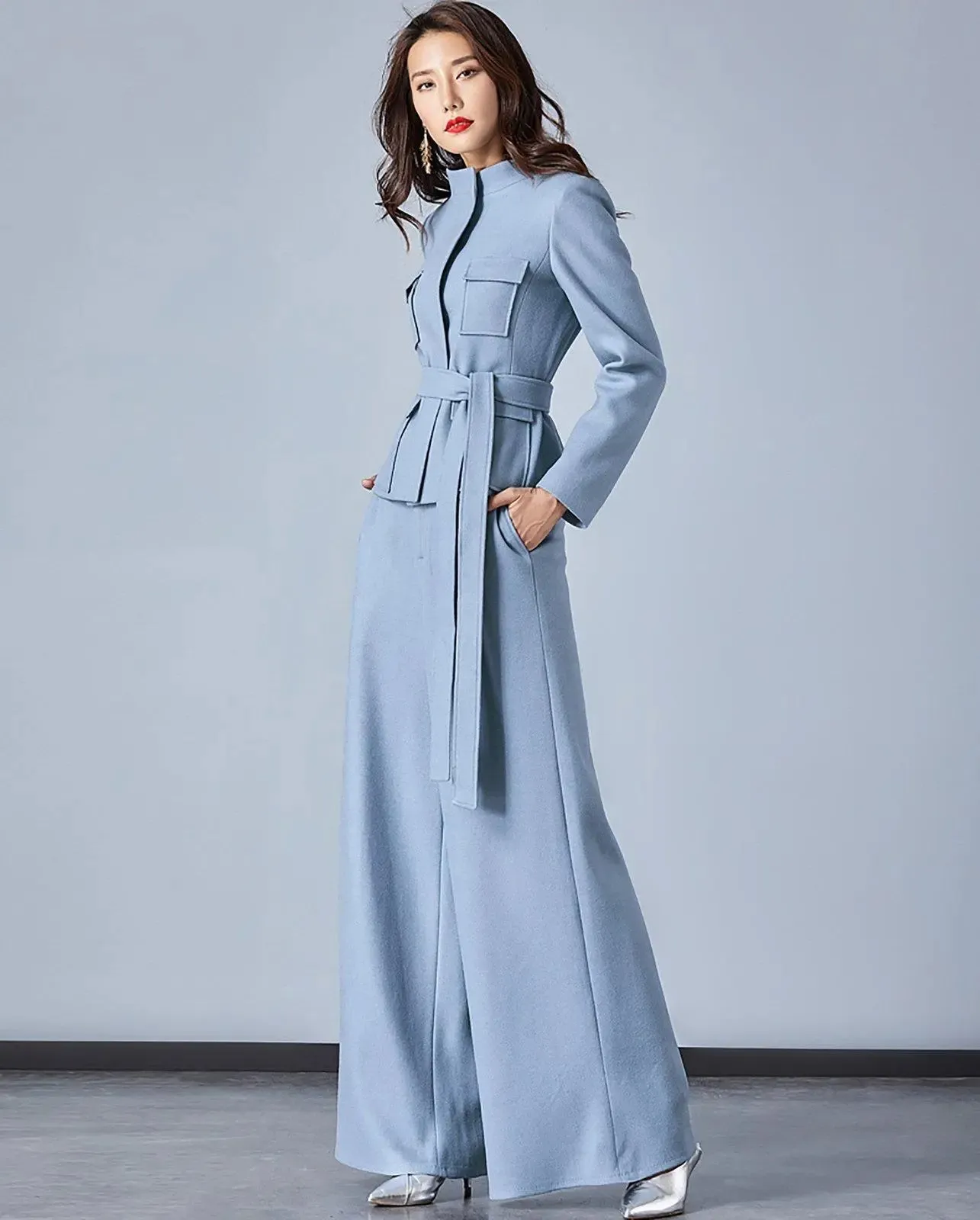 Light Blue Stand Collar Belted Blazer & Wide Leg Pants Set