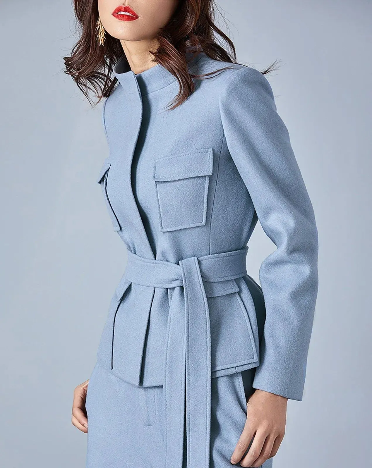 Light Blue Stand Collar Belted Blazer & Wide Leg Pants Set