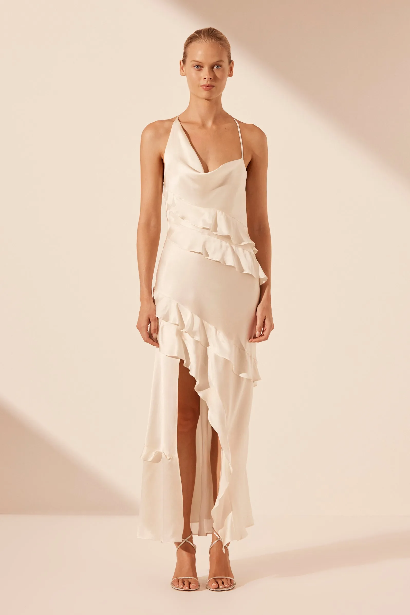 LOUELLA SILK ASYMMETRICAL RUFFLE MAXI DRESS - IVORY