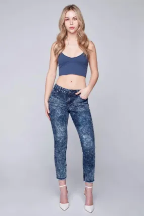 LUCY - 5-Pocket Capri - Dark Blue Acid Wash