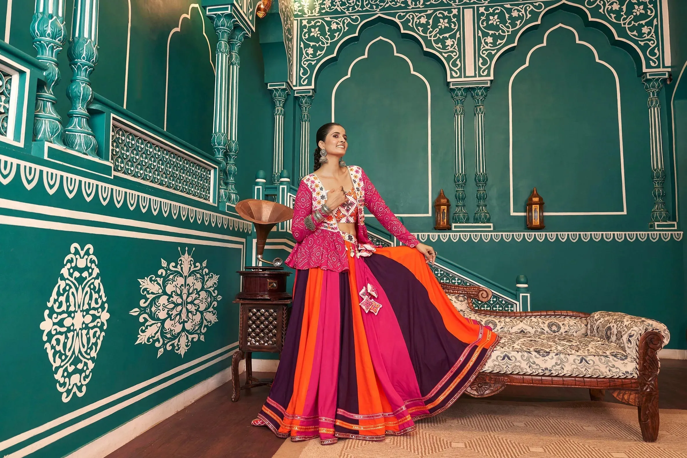 Magical Multicolored Rayon Navratri Jacket Lehenga Choli