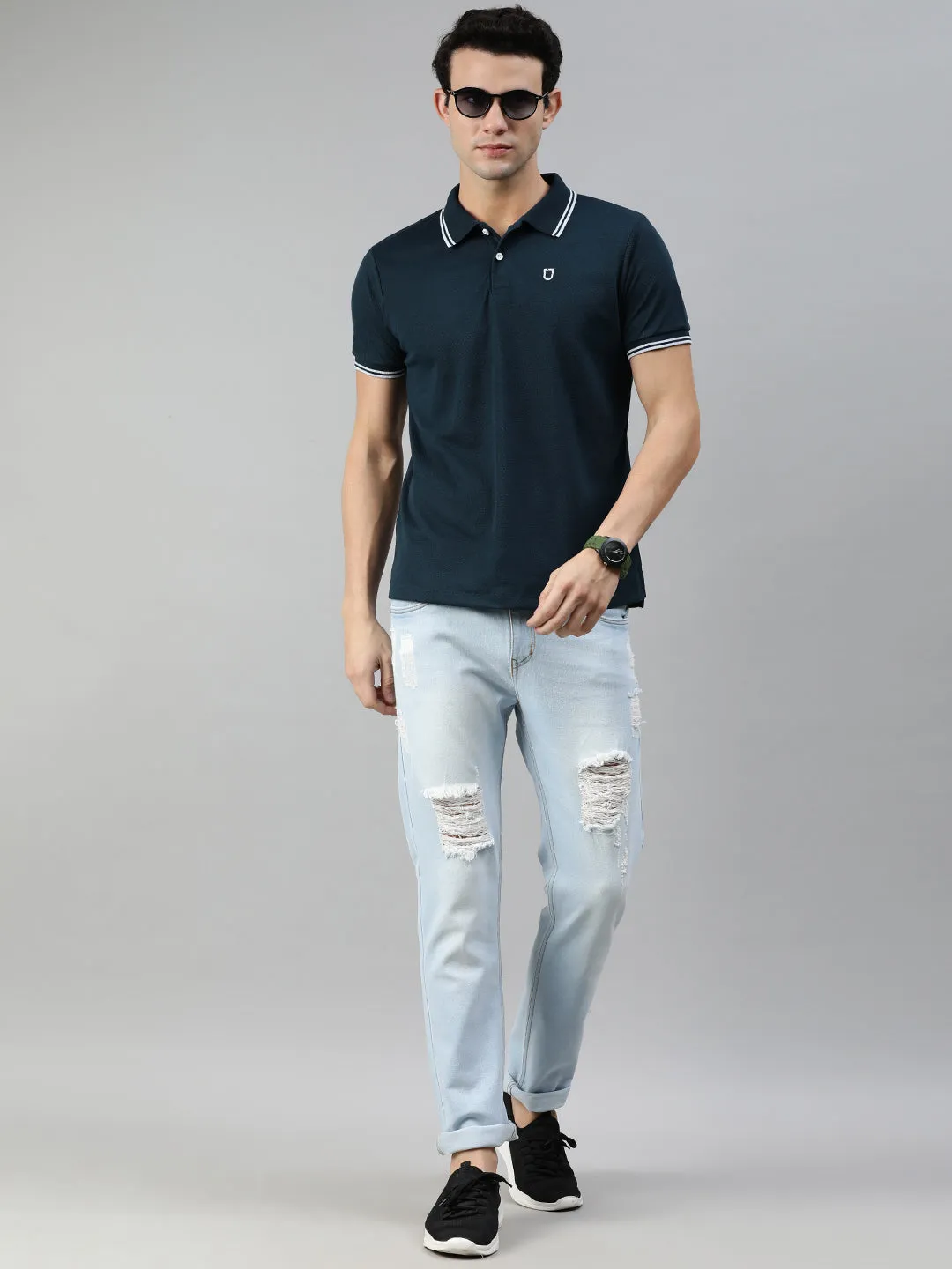 Men's Airforce Blue Solid Slim Fit Half Sleeve Cotton Polo T-Shirt