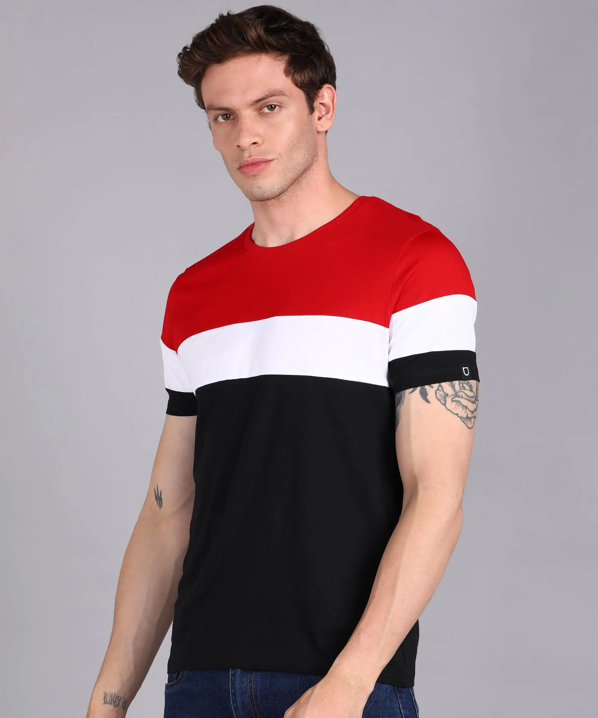 Men's Black, White, Red Cotton Color-Block Slim Fit Half Sleeve T-Shirt