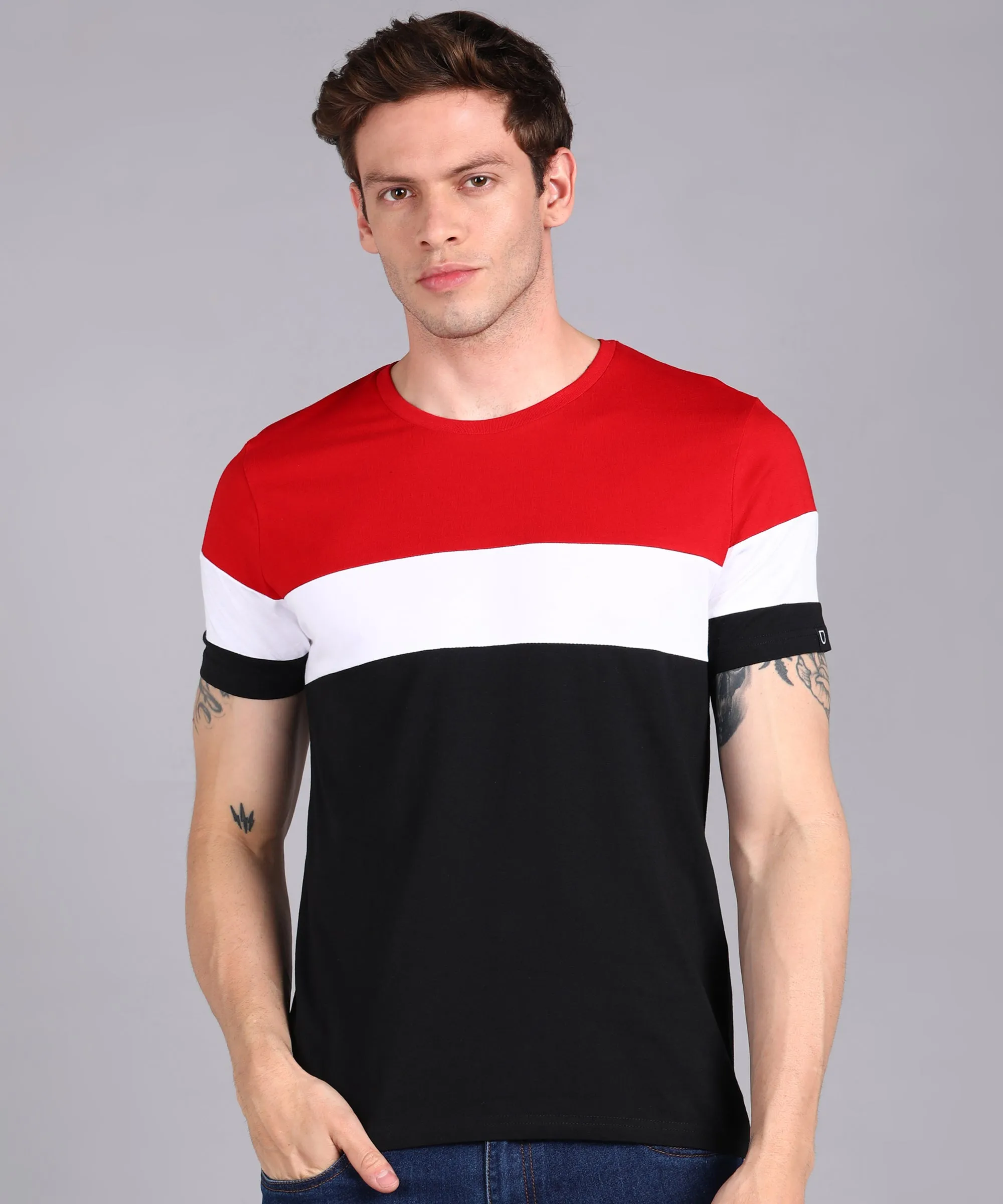 Men's Black, White, Red Cotton Color-Block Slim Fit Half Sleeve T-Shirt