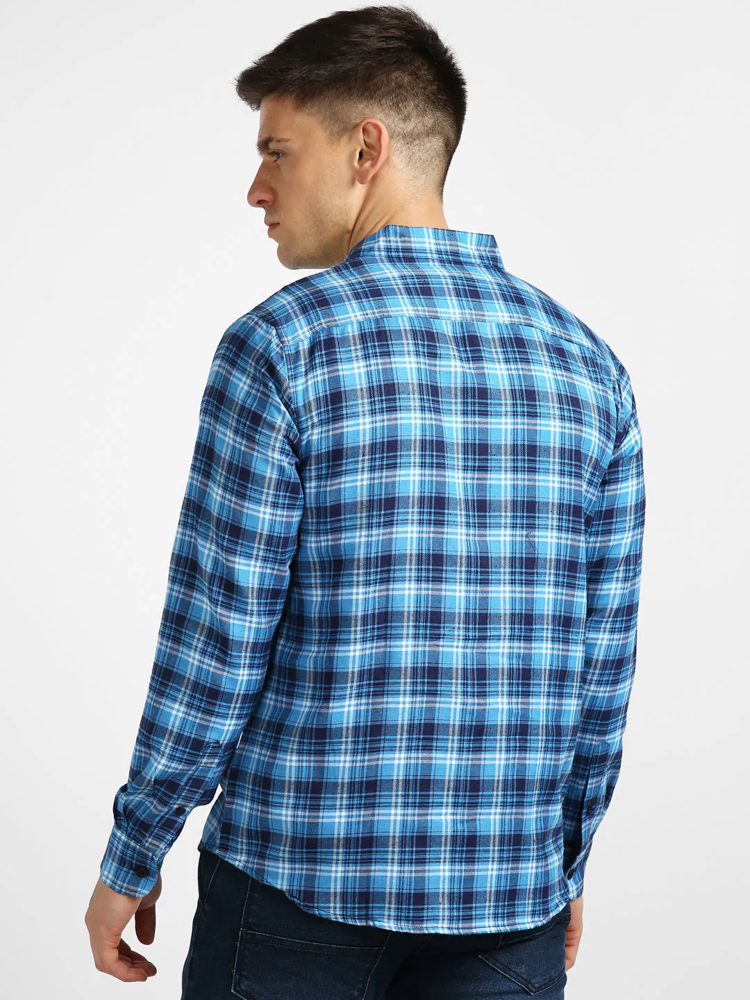 Men's Blue Cotton Full Sleeve Slim Fit Casual Checkered Shirt