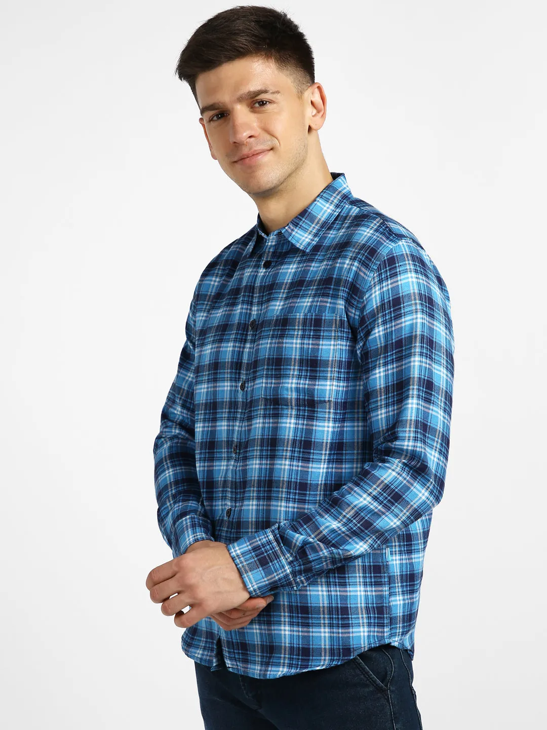 Men's Blue Cotton Full Sleeve Slim Fit Casual Checkered Shirt