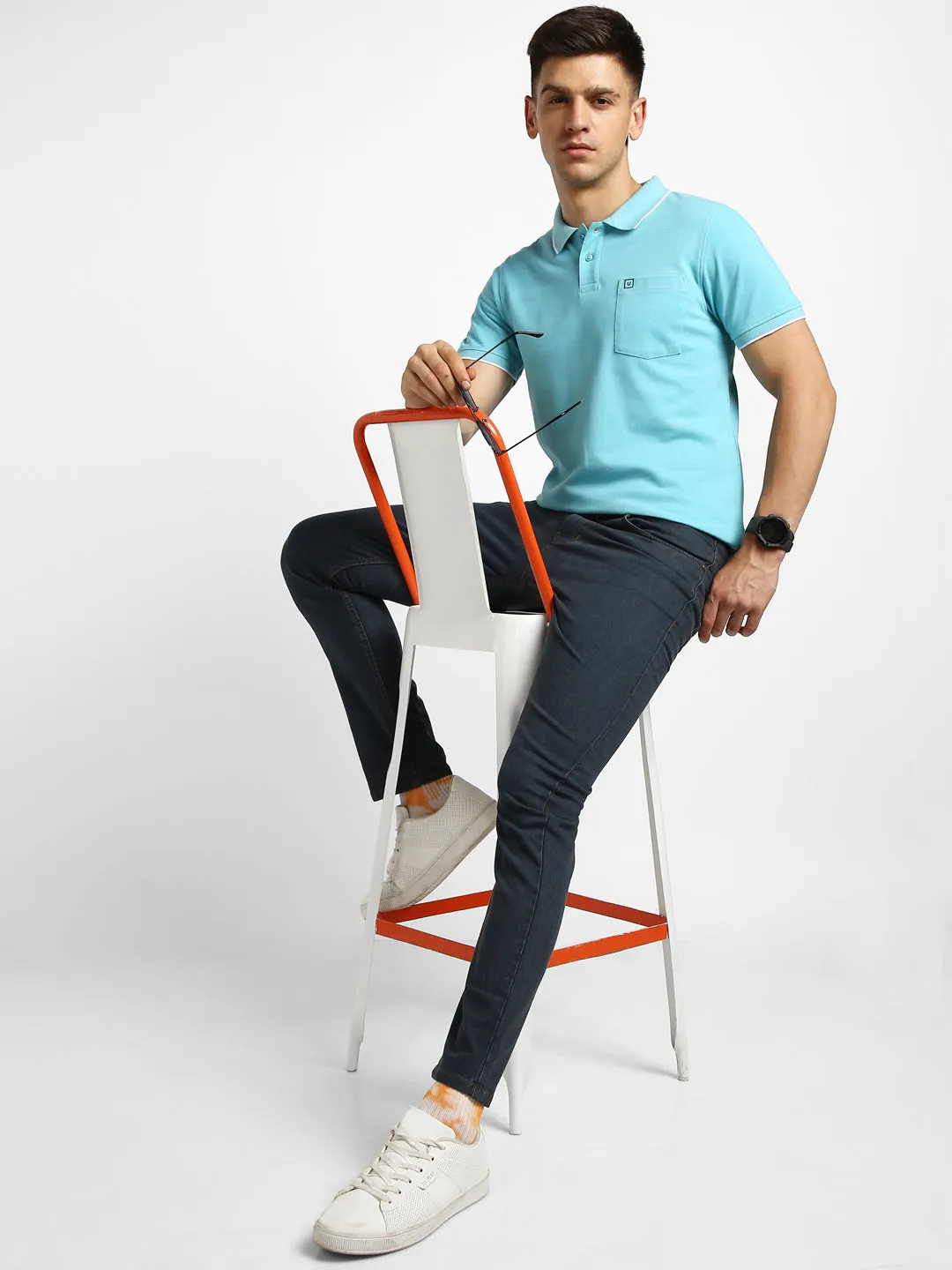 Men's Blue Solid Slim Fit Half Sleeve Cotton Polo T-Shirt