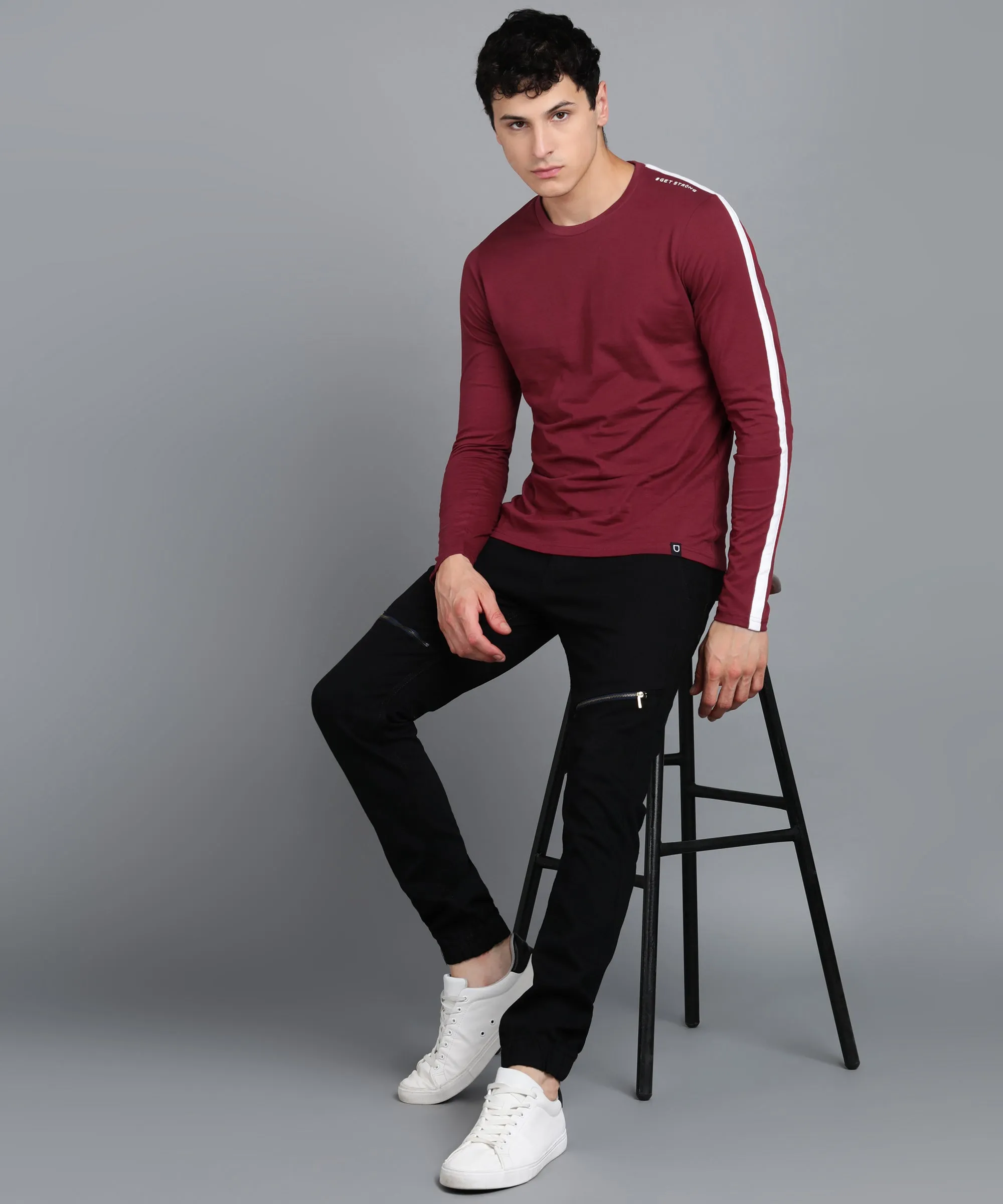 Men's Color-Block Maroon Round Neck Full Sleeve Slim Fit Cotton T-Shirt