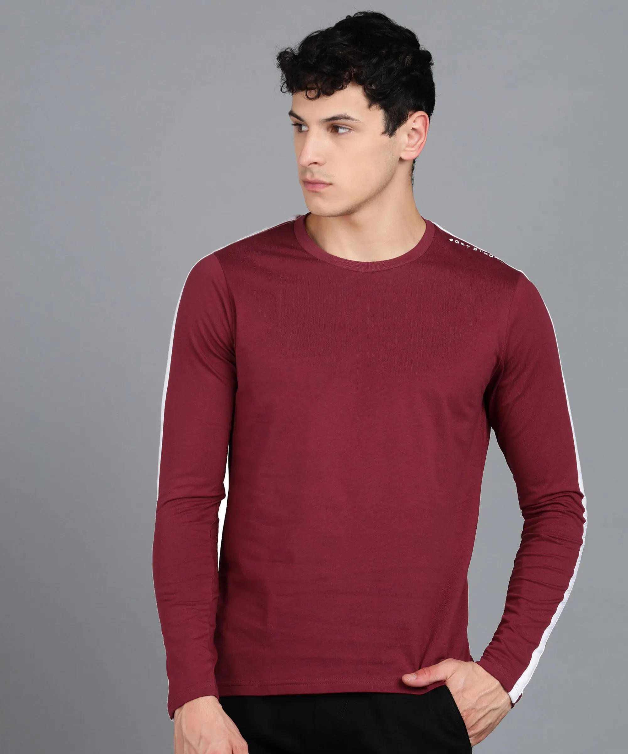 Men's Color-Block Maroon Round Neck Full Sleeve Slim Fit Cotton T-Shirt