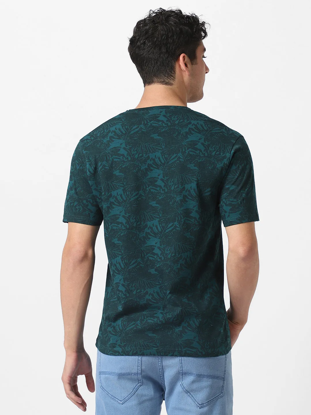 Men's Dark Green Printed Slim Fit Cotton Hal Sleeve T-Shirt