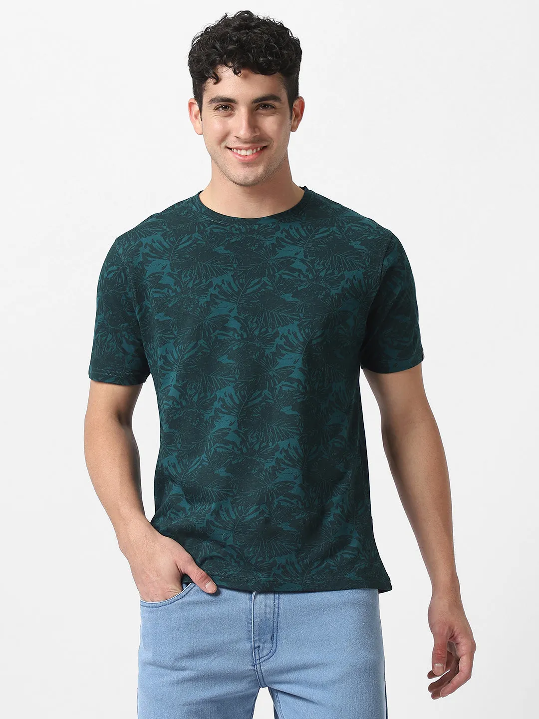 Men's Dark Green Printed Slim Fit Cotton Hal Sleeve T-Shirt