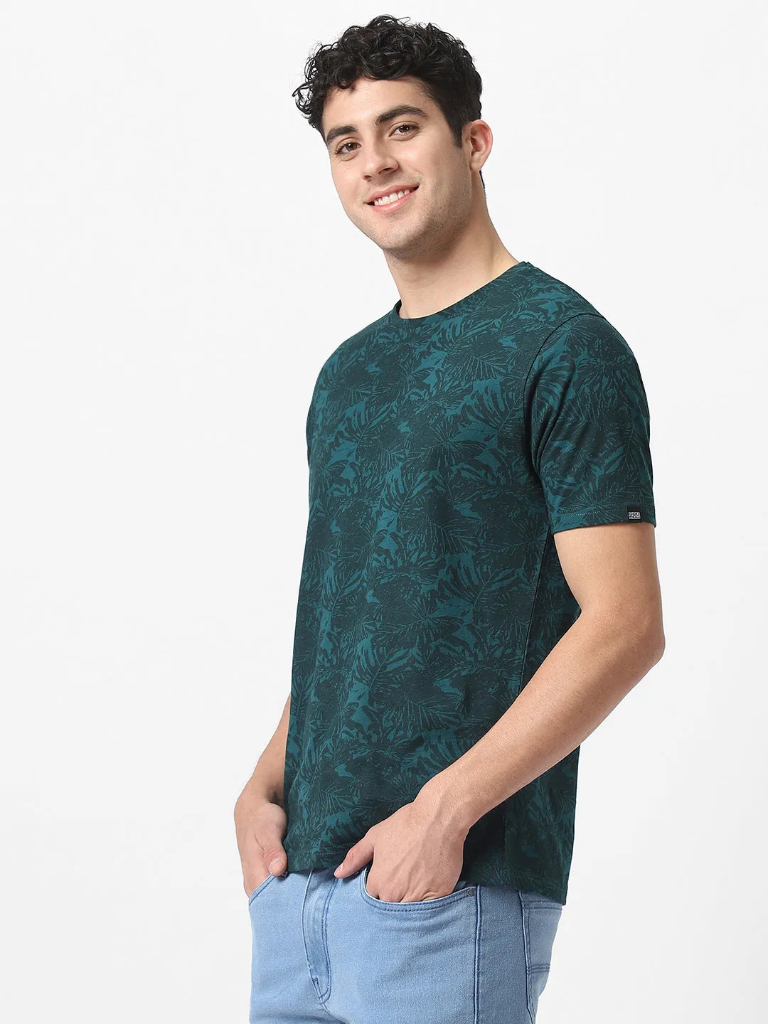 Men's Dark Green Printed Slim Fit Cotton Hal Sleeve T-Shirt