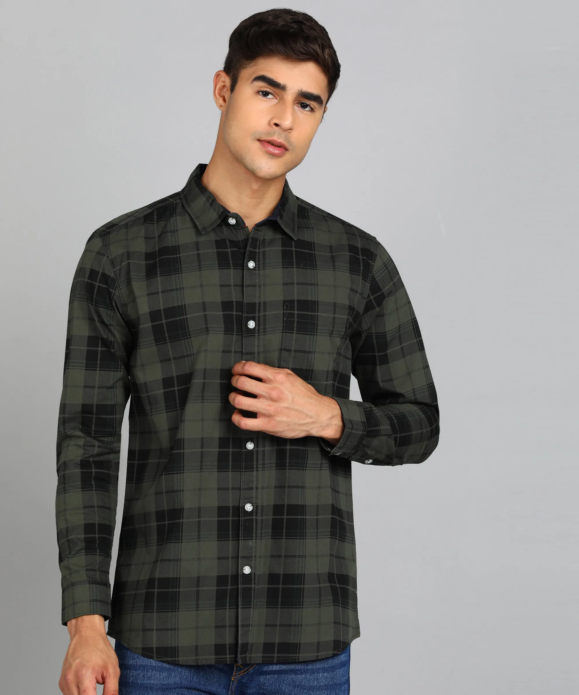 Men's Green Cotton Full Sleeve Slim Fit Casual Checkered Shirt