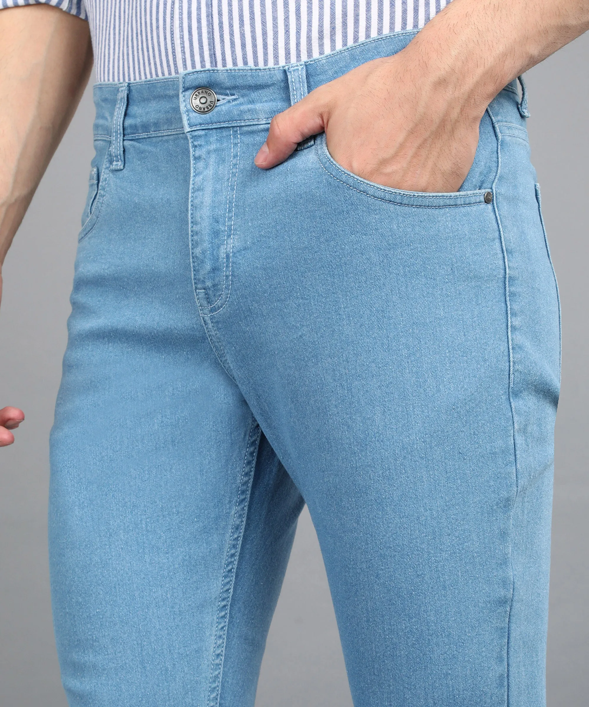 Men's Light Blue Regular Fit Washed Jeans Stretchable