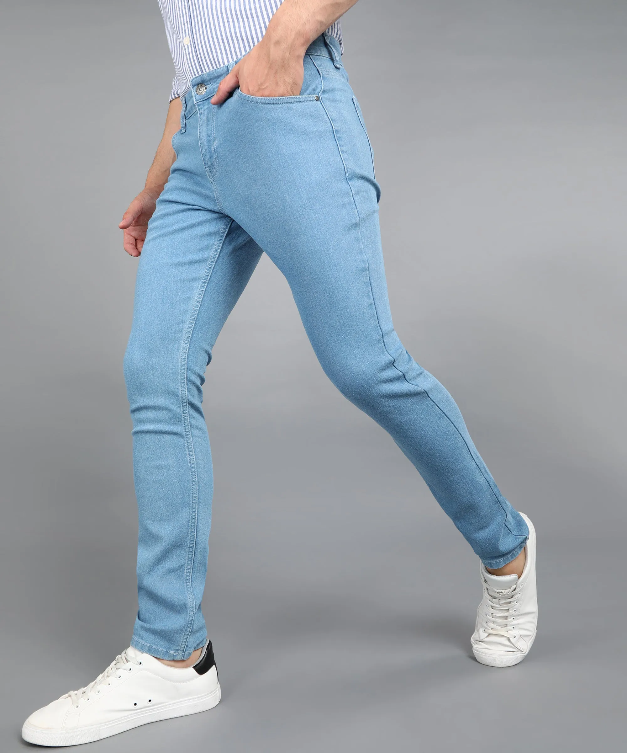 Men's Light Blue Regular Fit Washed Jeans Stretchable