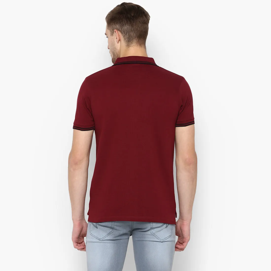 Men's Maroon Solid Mandarin Collar Slim Fit Cotton Polo T-Shirt