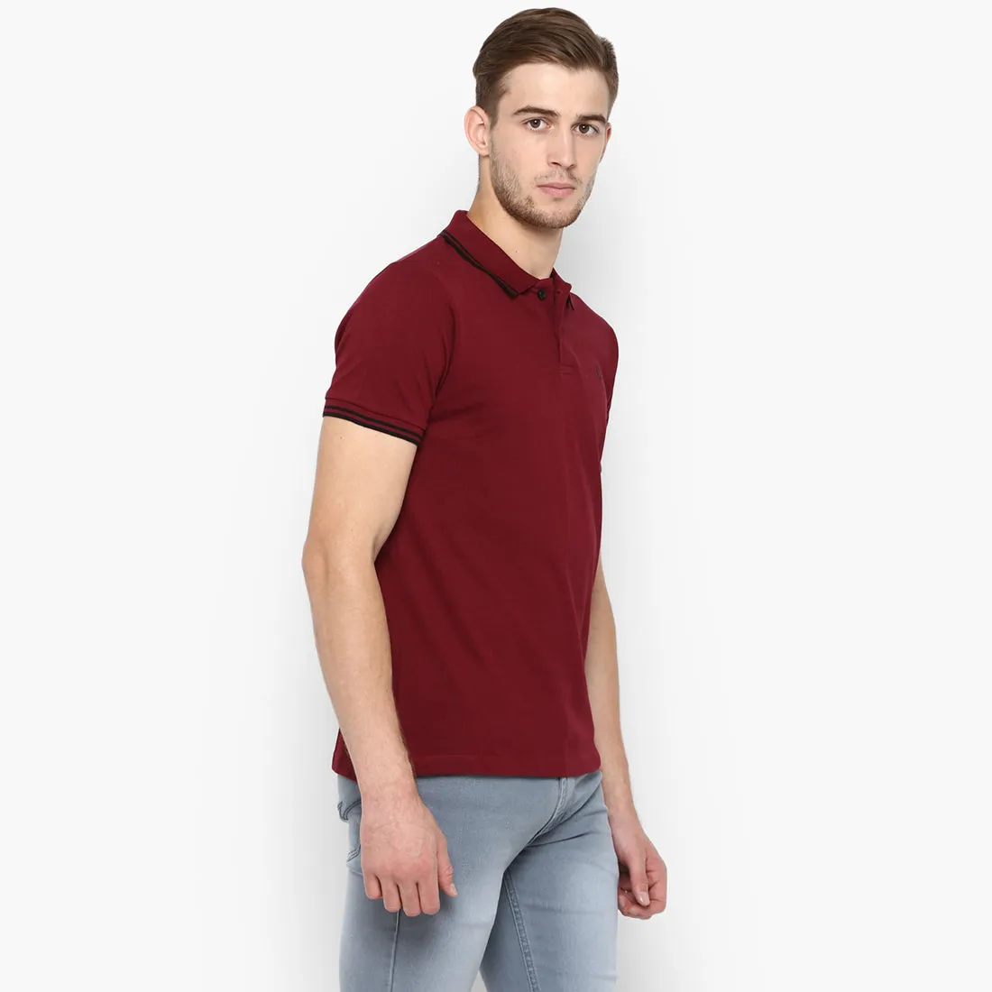 Men's Maroon Solid Mandarin Collar Slim Fit Cotton Polo T-Shirt