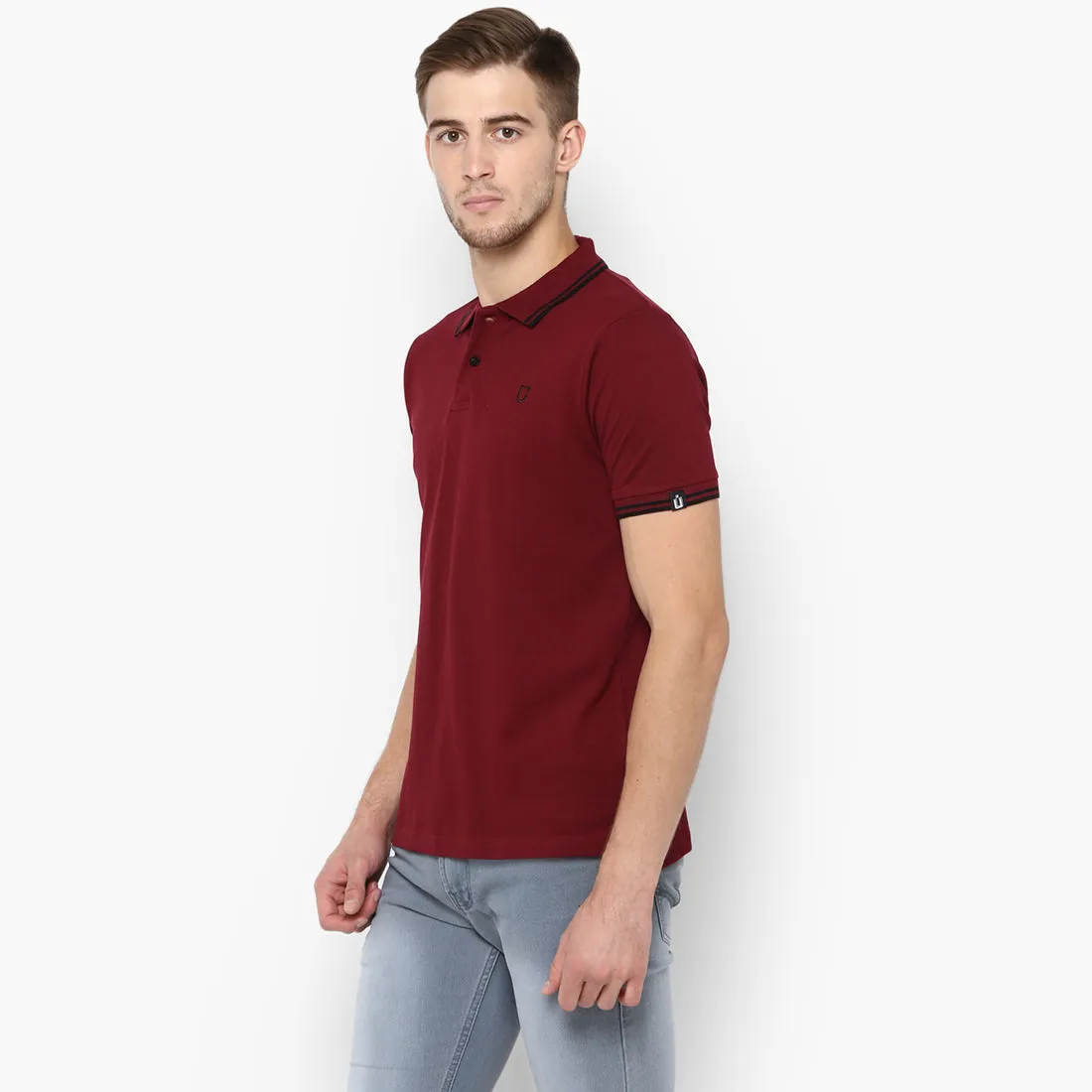 Men's Maroon Solid Mandarin Collar Slim Fit Cotton Polo T-Shirt