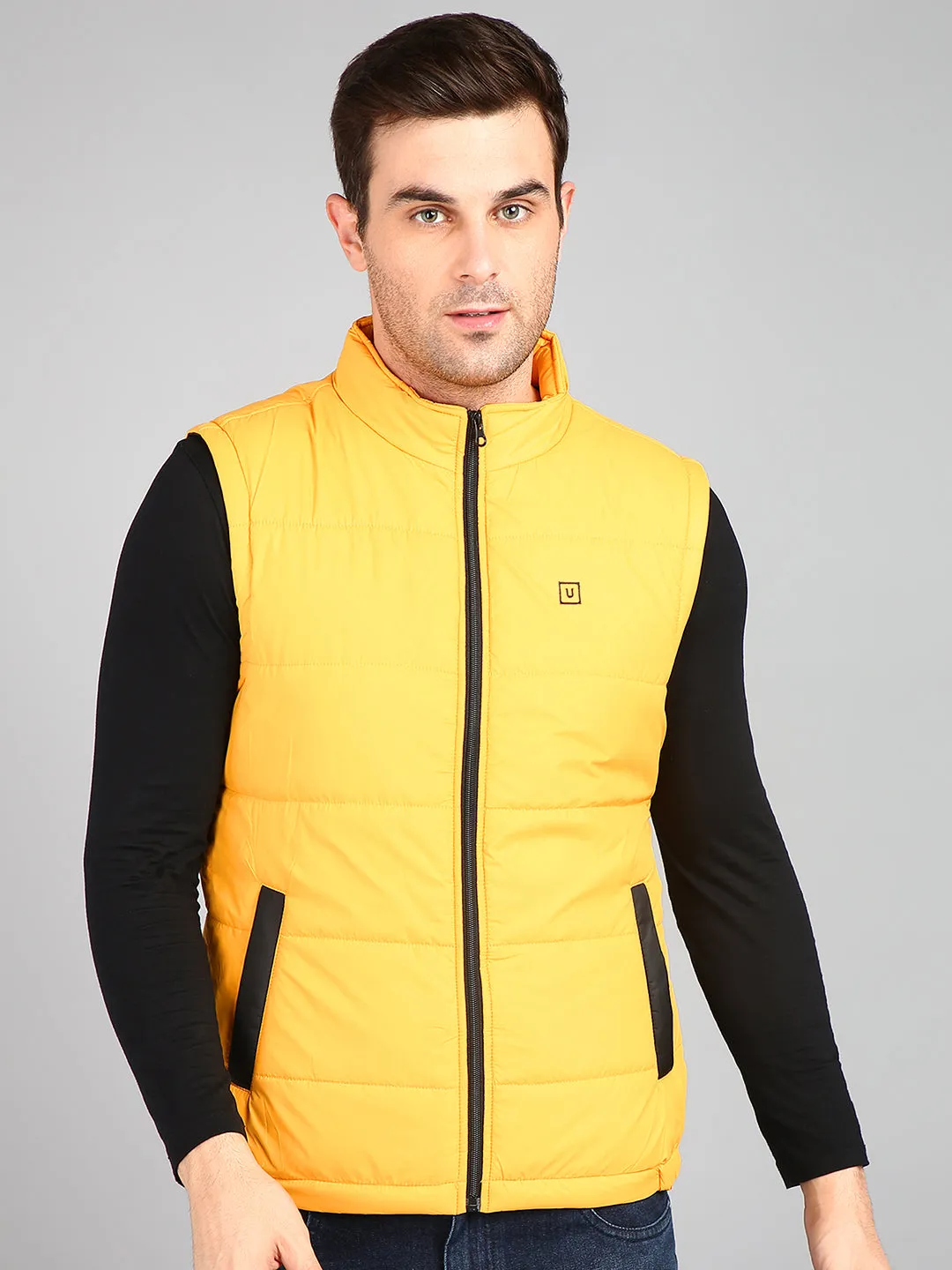 Men's Mustard Sleeveless Zippered Puffer Jacket