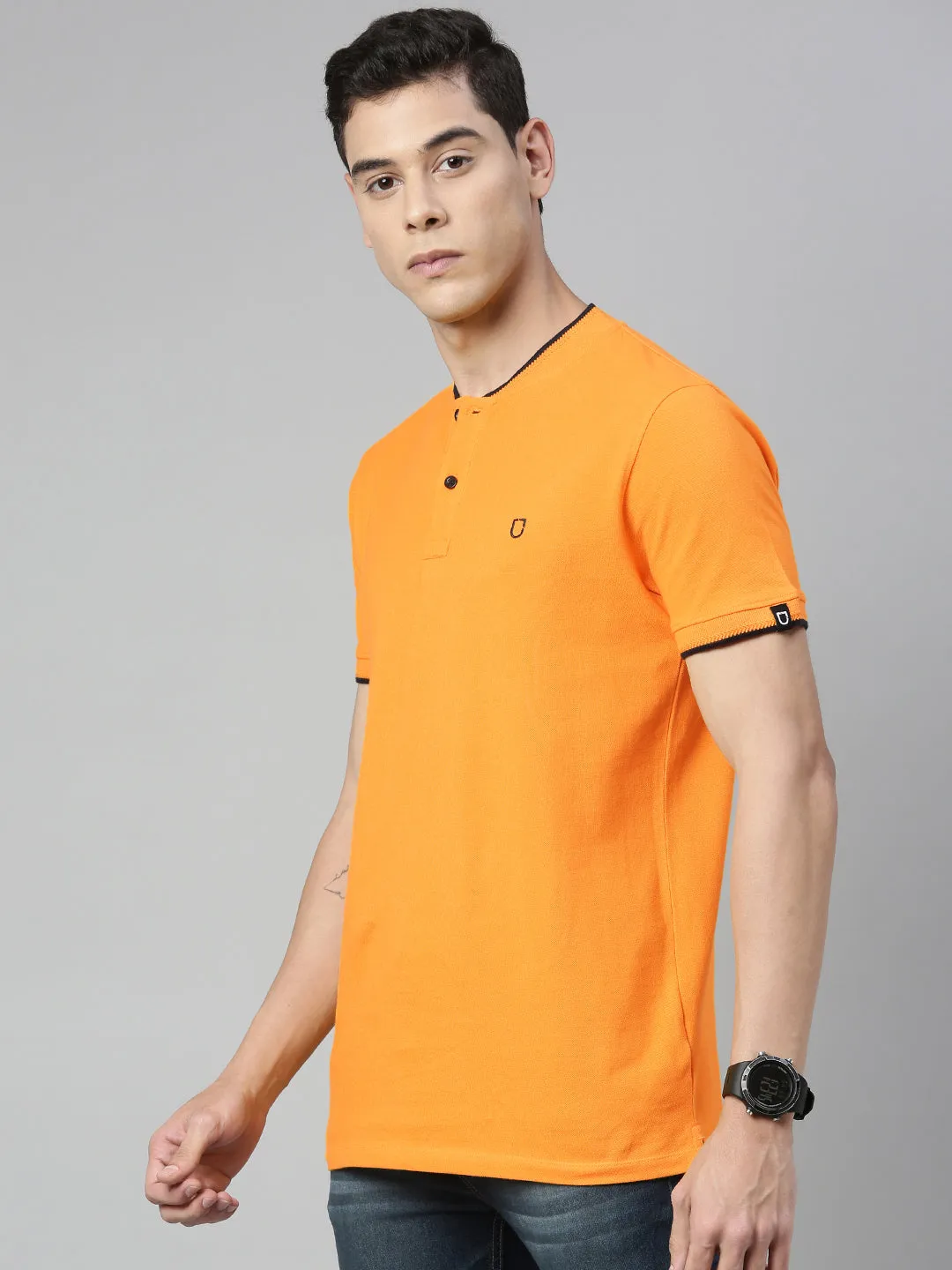 Men's Mustard Solid Mandarin Collar Slim Fit Cotton Polo T-Shirt