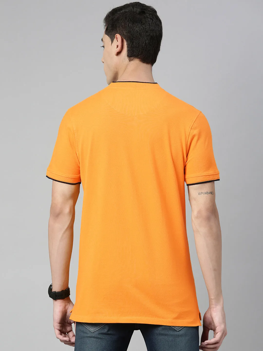 Men's Mustard Solid Mandarin Collar Slim Fit Cotton Polo T-Shirt