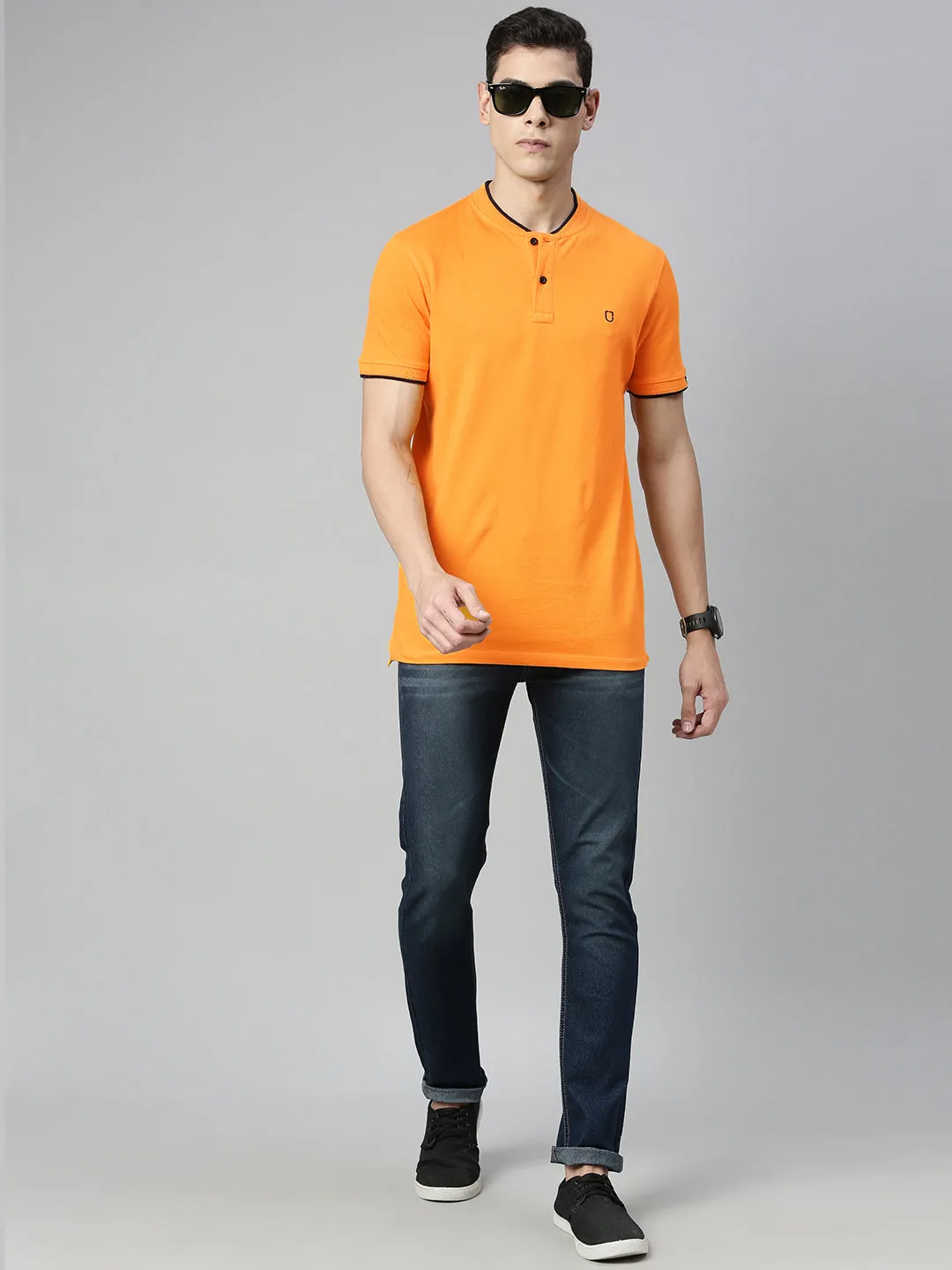 Men's Mustard Solid Mandarin Collar Slim Fit Cotton Polo T-Shirt