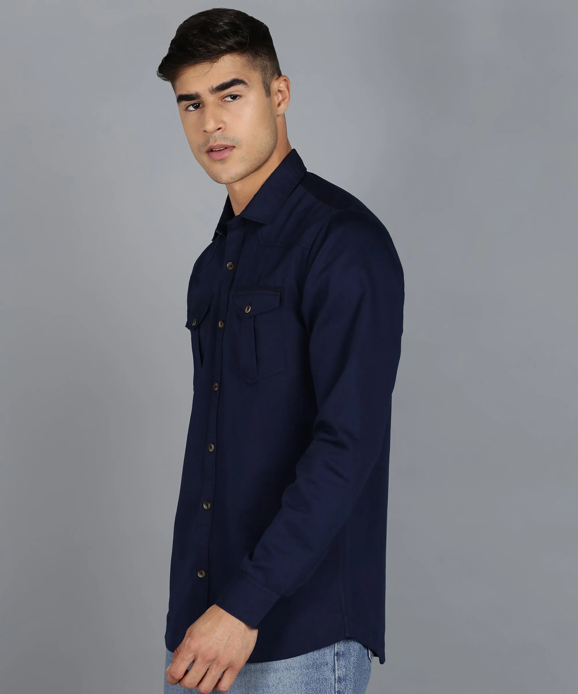 Men's Navy Blue Cotton Full Sleeve Slim Fit Casual Solid Shirt