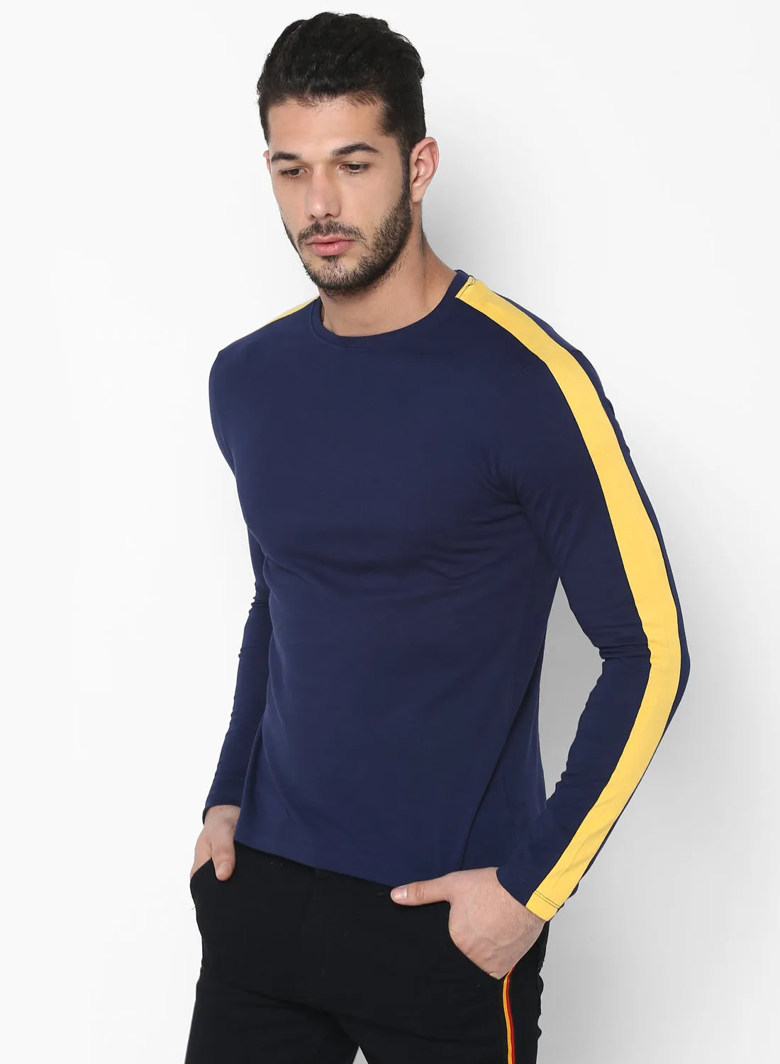 Men's Navy Blue Side Striped Full Sleeve Cotton T-Shirt