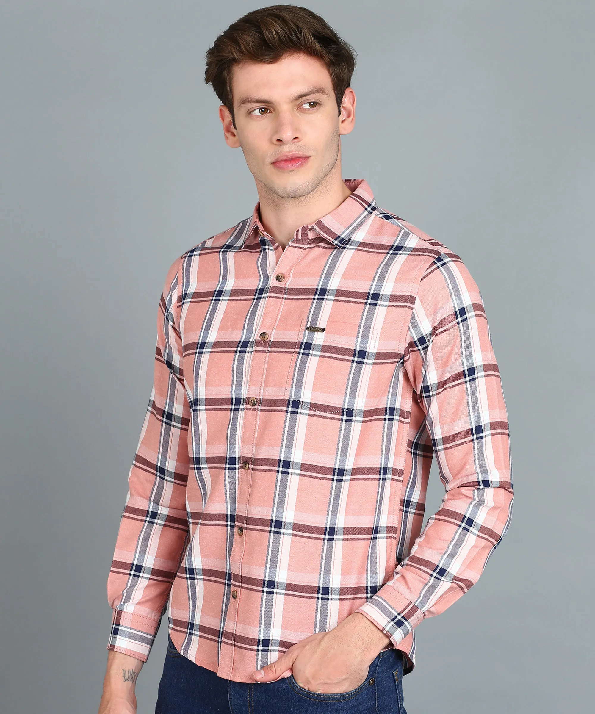 Men's Pink Cotton Full Sleeve Slim Fit Casual Checkered Shirt