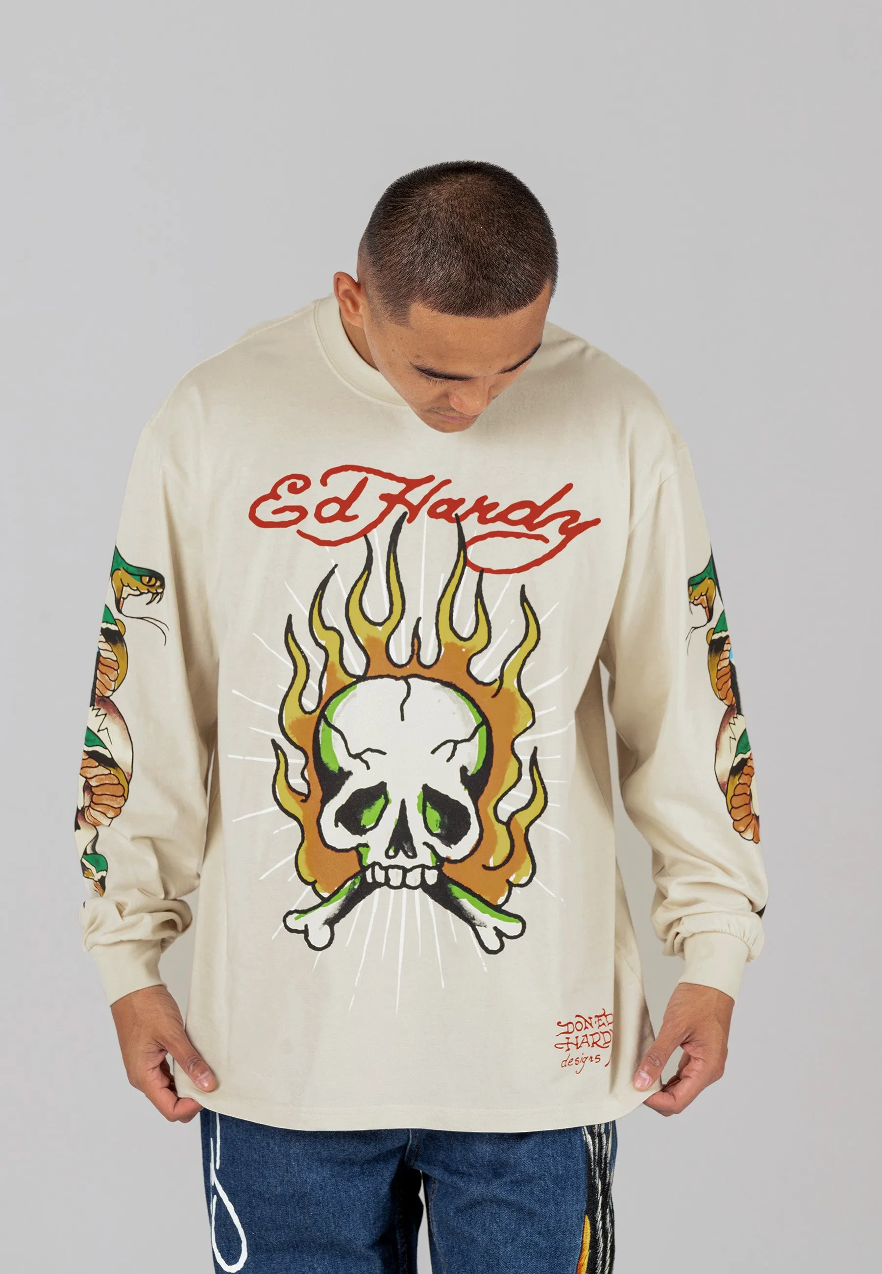 Mens Skull-Flame Long Sleeve T-Shirt - Ecru