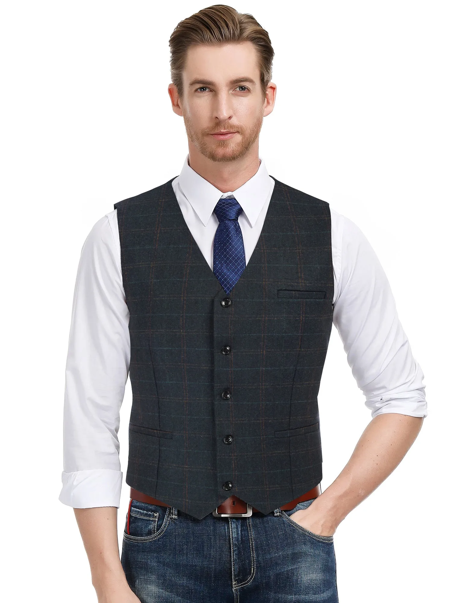 Men's Western Herringbone Tweed Suit Vest Wool Blend V Neck Slim Fit Waistcoat