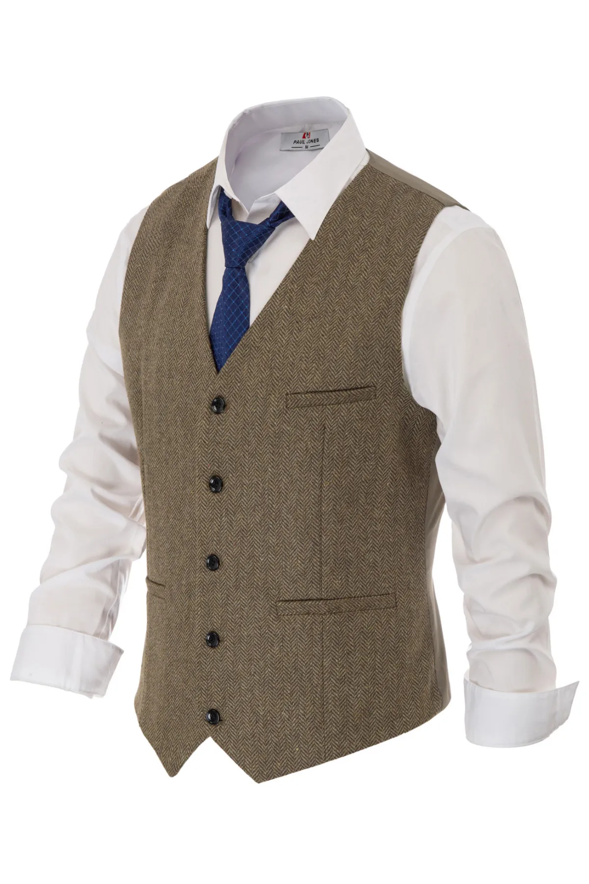 Men's Western Herringbone Tweed Suit Vest Wool Blend V Neck Slim Fit Waistcoat