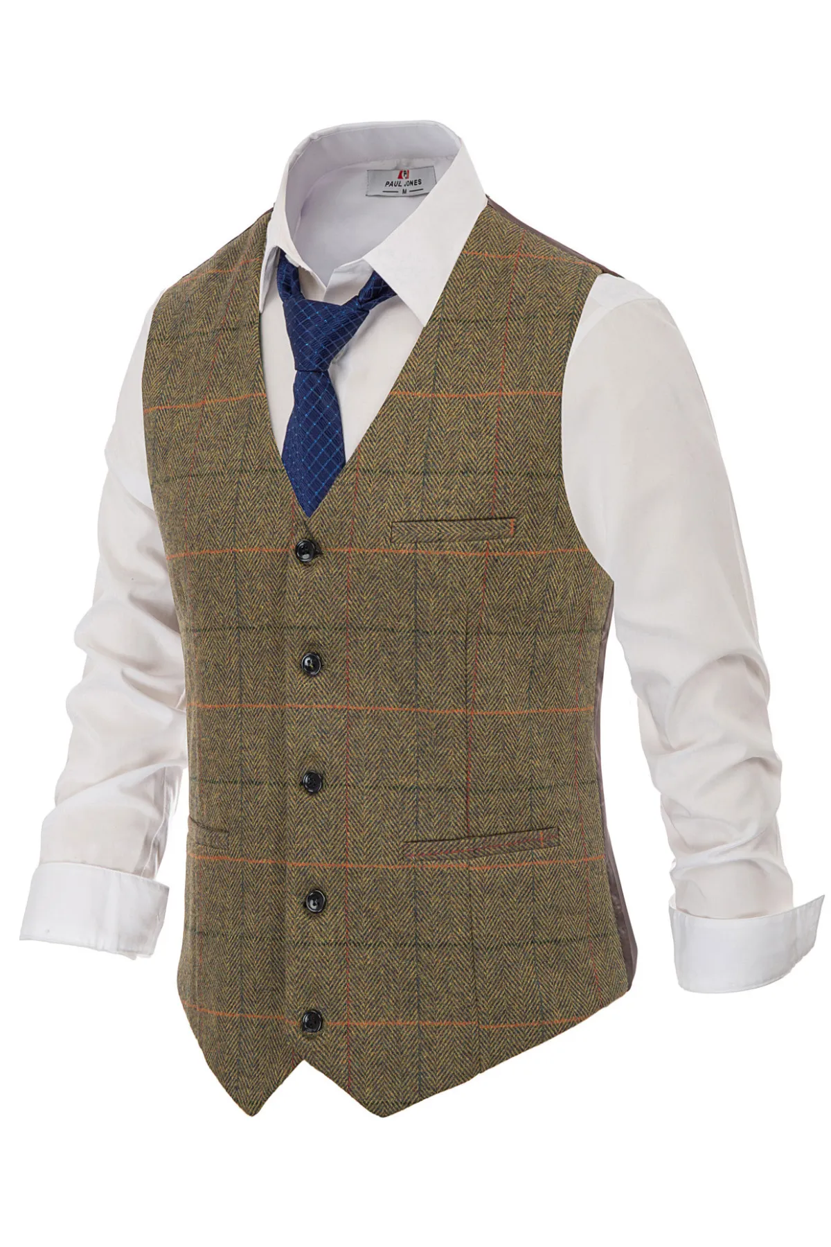 Men's Western Herringbone Tweed Suit Vest Wool Blend V Neck Slim Fit Waistcoat