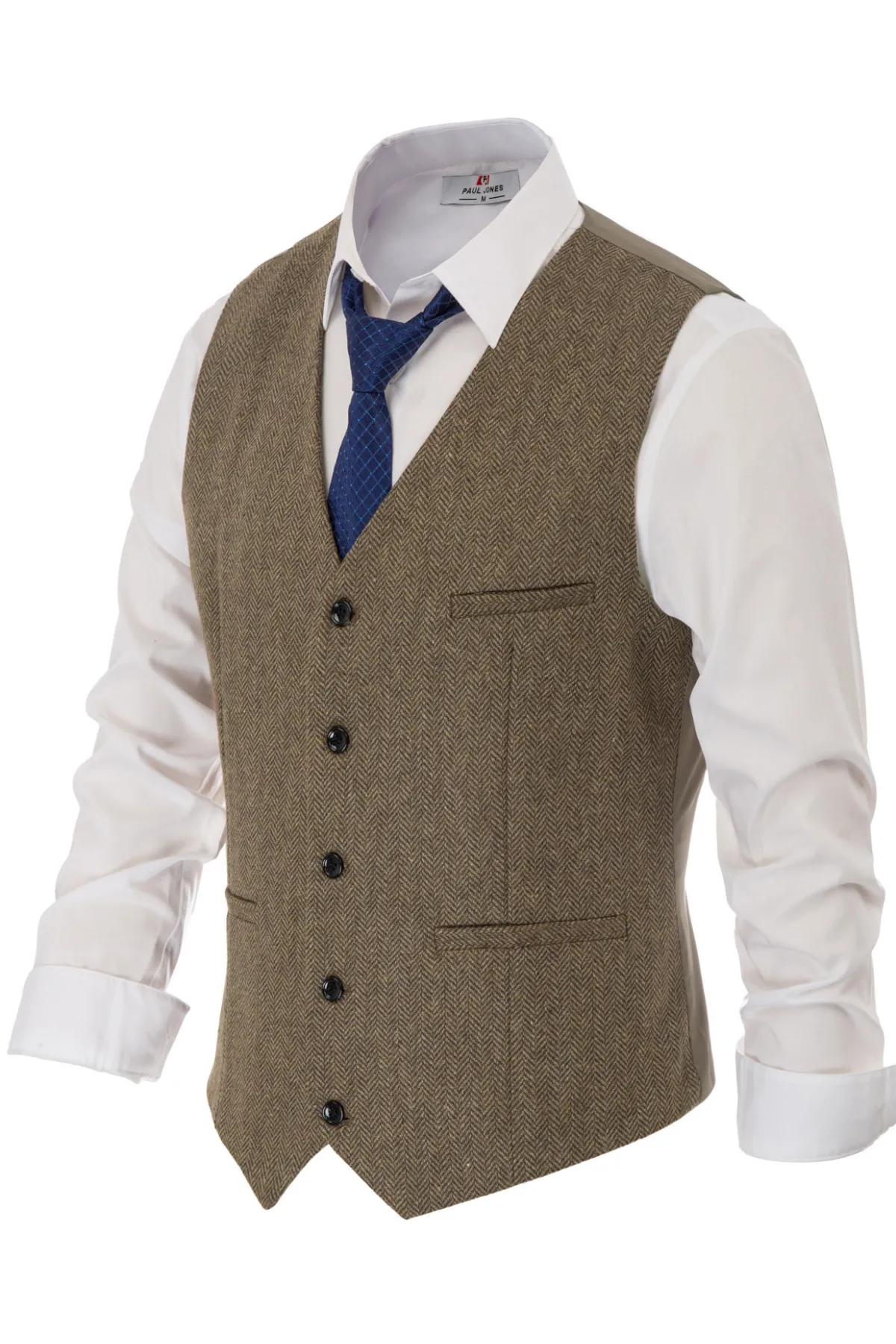 Men's Western Herringbone Tweed Suit Vest Wool Blend V Neck Slim Fit Waistcoat