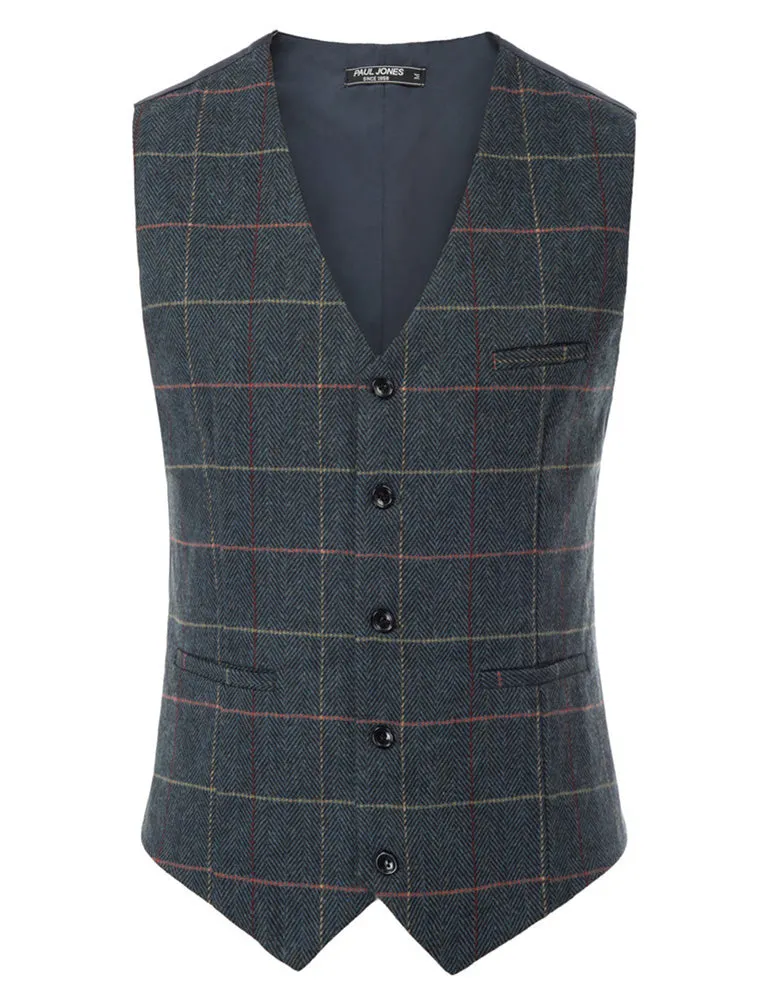 Men's Western Herringbone Tweed Suit Vest Wool Blend V Neck Slim Fit Waistcoat