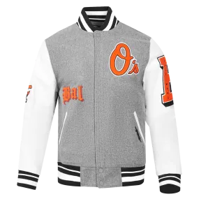 MLB BALTIMORE ORIOLES CLASSIC OLD ENGLISH MEN'S RIB WOOL VARSITY JACKE (HEATHER GREY/WHITE/BLACK)