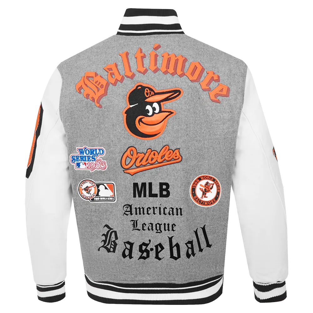 MLB BALTIMORE ORIOLES CLASSIC OLD ENGLISH MEN'S RIB WOOL VARSITY JACKE (HEATHER GREY/WHITE/BLACK)