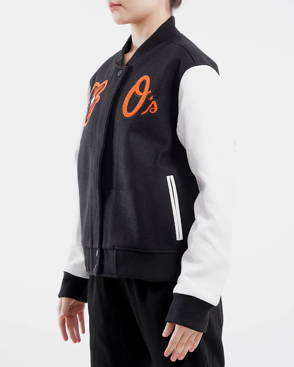 MLB BALTIMORE ORIOLES CLASSIC WOOL WOMEN'S VARSITY JACKET (BLACK/WHITE)