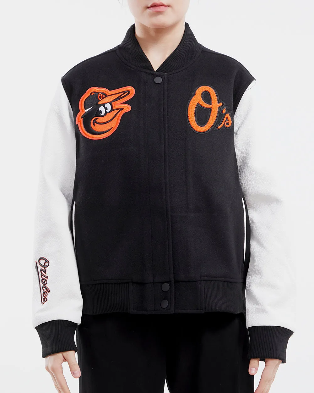 MLB BALTIMORE ORIOLES CLASSIC WOOL WOMEN'S VARSITY JACKET (BLACK/WHITE)