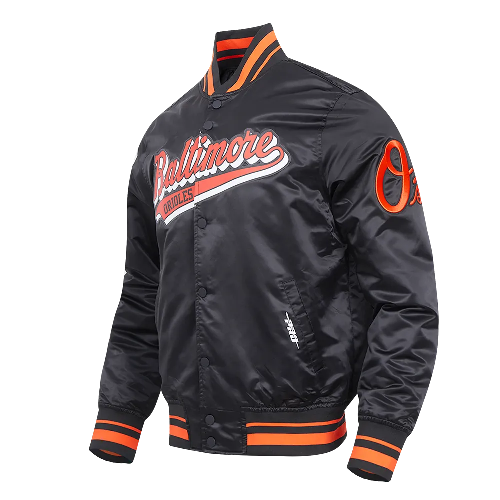 MLB BALTIMORE ORIOLES SCRIPT TAIL MEN'S SATIN JACKET (BLACK/ORANGE)