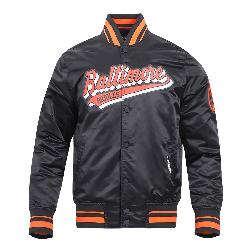 MLB BALTIMORE ORIOLES SCRIPT TAIL MEN'S SATIN JACKET (BLACK/ORANGE)