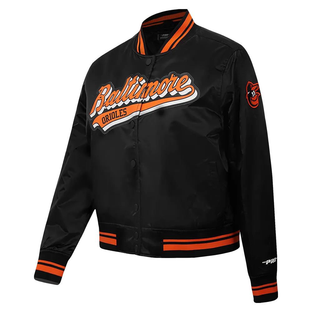 MLB BALTIMORE ORIOLES SCRIPT TAIL WOMEN'S SATIN JACKET (BLACK/ORANGE)