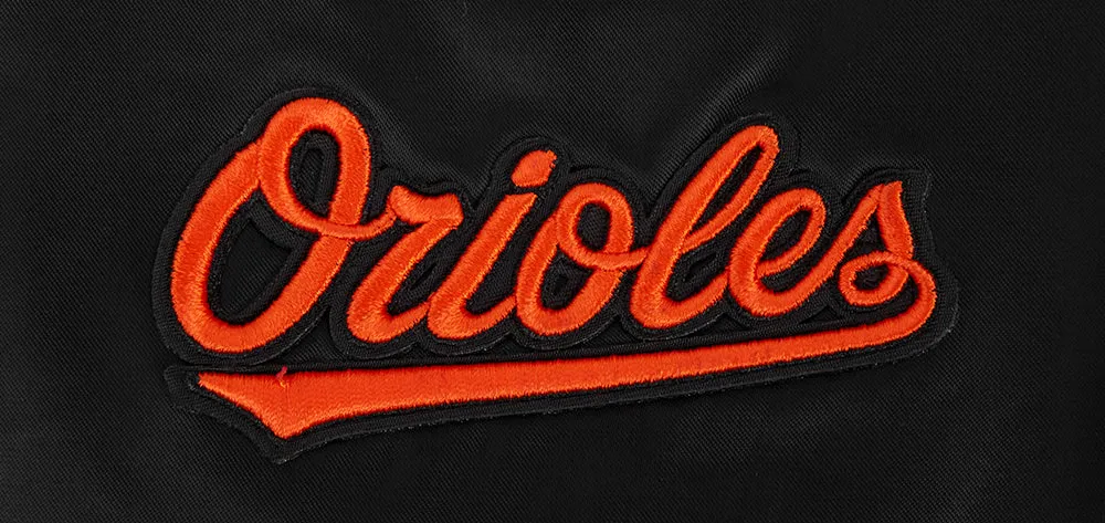 MLB BALTIMORE ORIOLES SCRIPT TAIL WOMEN'S SATIN JACKET (BLACK/ORANGE)