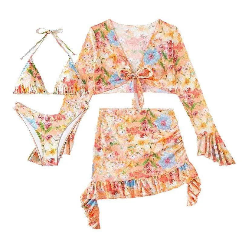 New European And American Printing Stylish Beach Dress Bikini Four-piece Suit