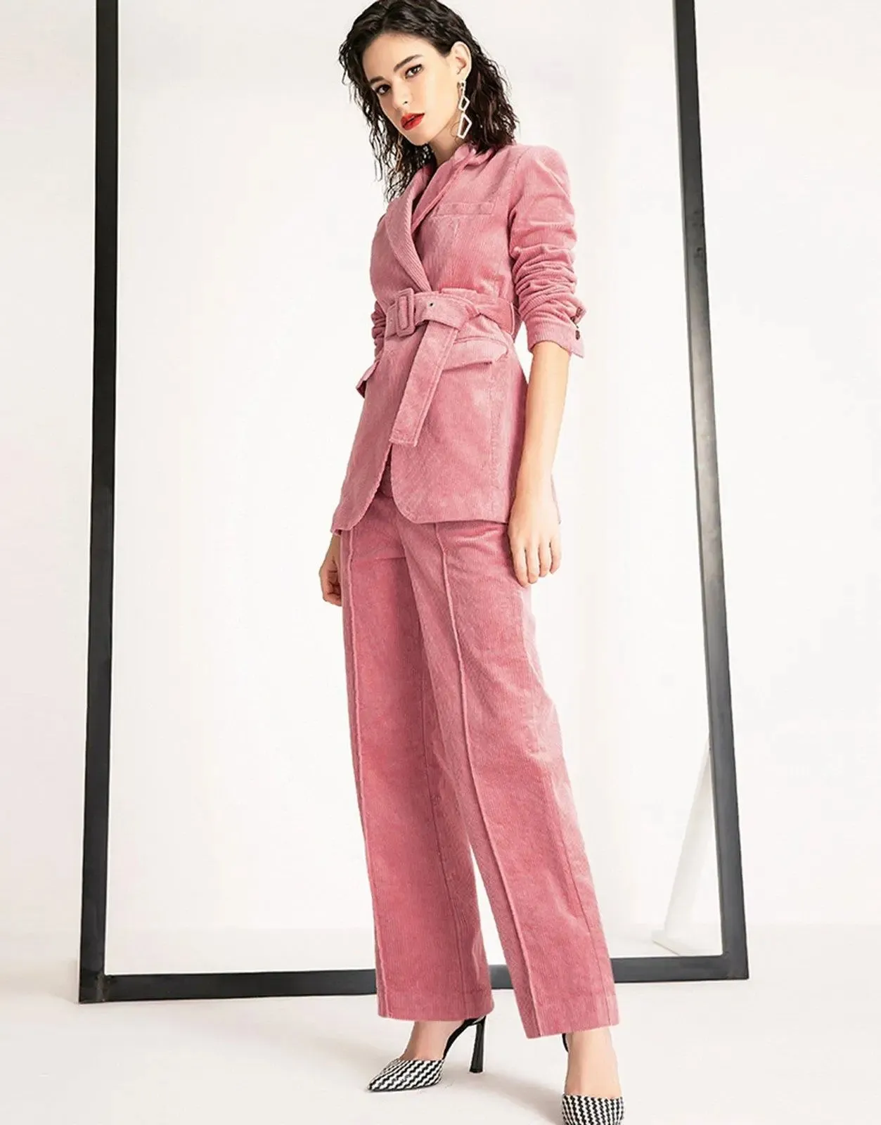 Pink Buckle Belted Blazer & Flare Pants Set