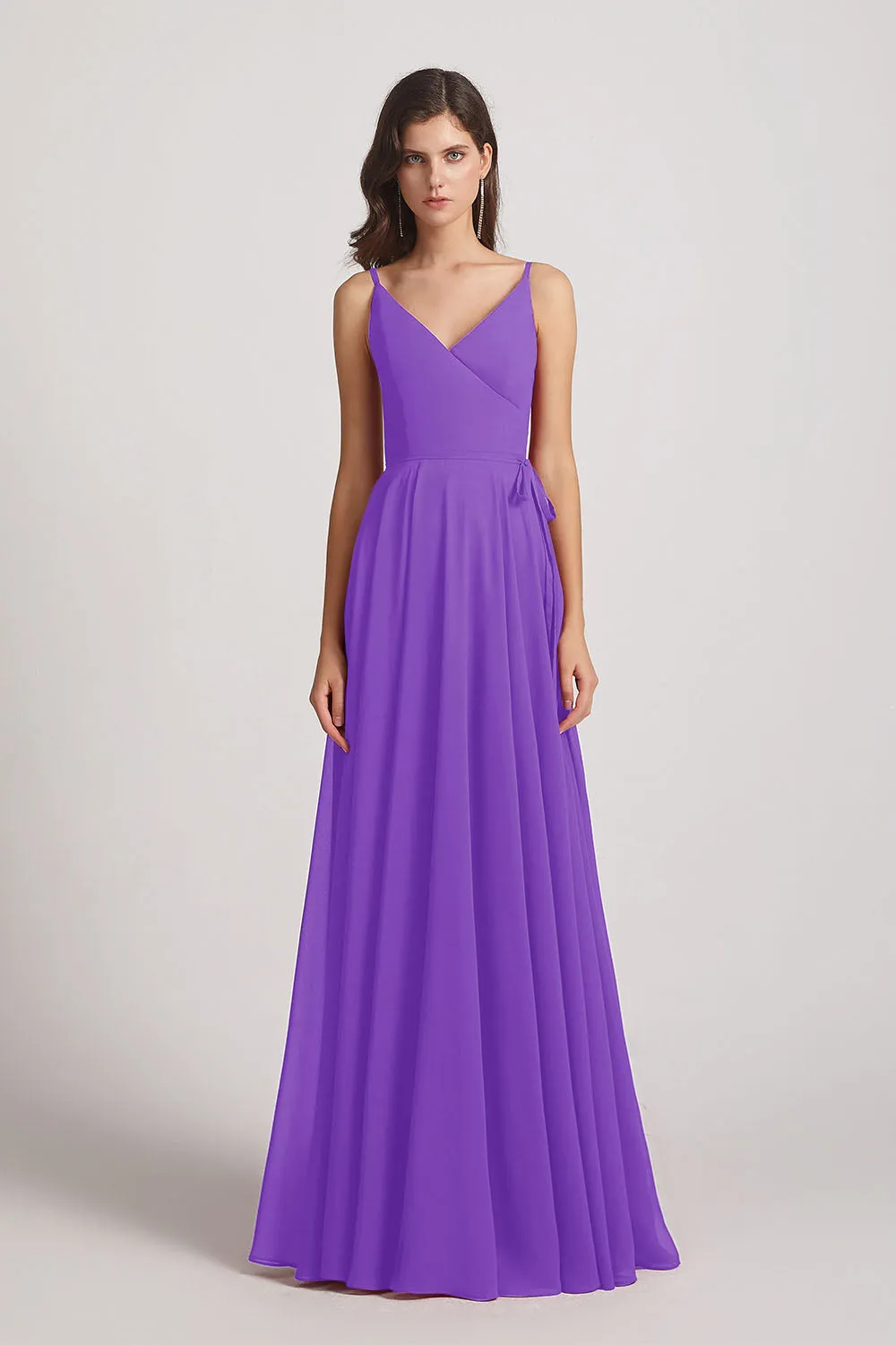 Pleated A-Line Spaghetti Straps V-Neck Chiffon Bridesmaid Dresses (AF0010)