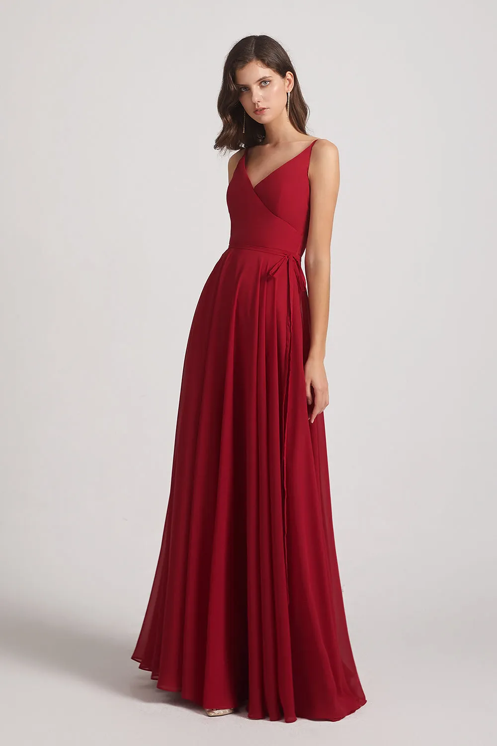 Pleated A-Line Spaghetti Straps V-Neck Chiffon Bridesmaid Dresses (AF0010)