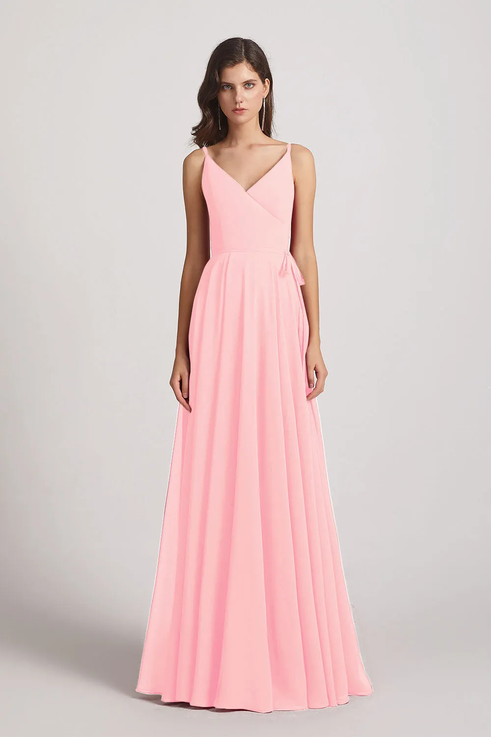 Pleated A-Line Spaghetti Straps V-Neck Chiffon Bridesmaid Dresses (AF0010)