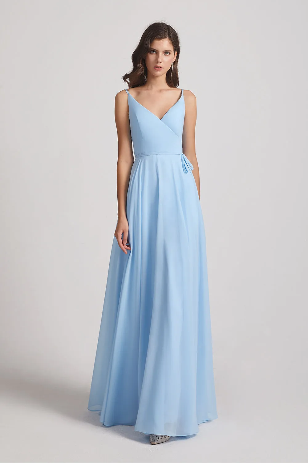 Pleated A-Line Spaghetti Straps V-Neck Chiffon Bridesmaid Dresses (AF0010)